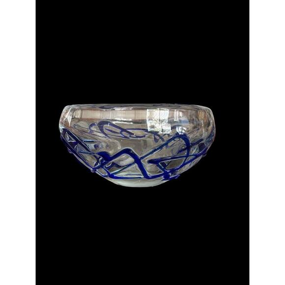 Ribbed Cobalt Blue Hand Blown Round Zig Zag Art Glass Sculpture Bowl 8” X 4” - Picture 5 of 8